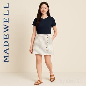 Madewell Button Front High Waist Linen Blend Mini Skirt White Blue Gray 14